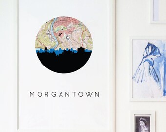 Morgantown WV map art, Morgantown WV art print, Morgantown print, West Virginia decor, West Virginia map art, West Virginia skyline art