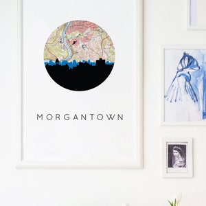 Morgantown WV map art, Morgantown WV art print, Morgantown print, West Virginia decor, West Virginia map art, West Virginia skyline art image 1