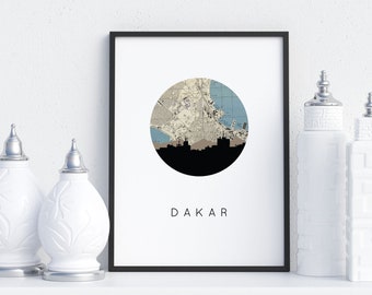 Dakar Senegal Art Print: Vintage Map Skyline, African Wall Decor
