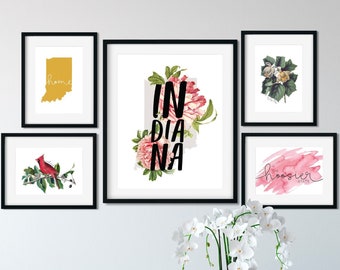 Indiana gallery wall set, set of 5 prints, framed gallery wall art, Indiana home decor, coordinating wall art, Indianapolis Indiana art