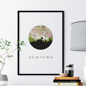 Newtown Connecticut art print, Connecticut map art, Connecticut print, New England home decor, Connecticut home decor, skyline art