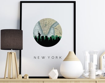 New York skyline art, New York City map art, New York skyline print, New York map, New York print, Statue of Liberty art, NYC art