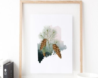 Maine art print, Maine botanical print, Maine housewarming gift, Maine decor, pine tree art print, pine cone print, New England wall art