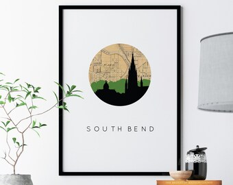 South Bend Indiana map art, Notre Dame Indiana art, dorm room decor, South Bend skyline, city skyline art, college art, university art print