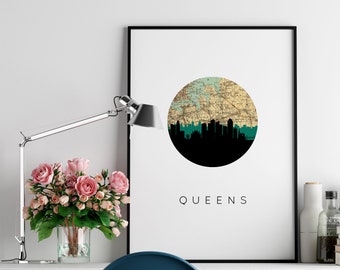 Queens New York City skyline kunst aan de muur, New York skyline print, stad skyline print, ingelijste kunst aan de muur, Queens New York geschenken