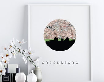 Greensboro NC map art print, Greensboro skyline art print, city skyline wall art, North Carolina wall art, North Carolina decor