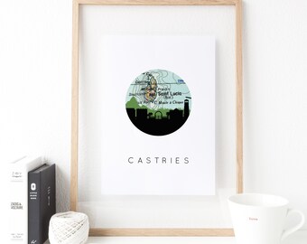 St Lucia Travel Print, Castries Skyline, Caribbean Map Art