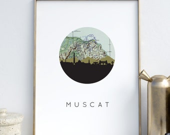 Muscat Oman Map Print, Middle East Skyline Art