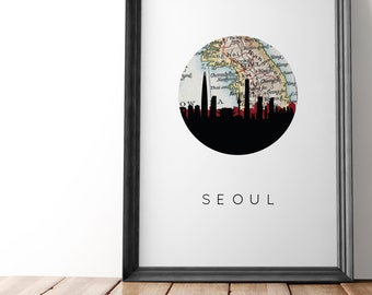 Seoul, South Korea art, Seoul skyline, travel poster, Asia map, Asia art, Seoul print, Seoul poster, old map art, city skyline print