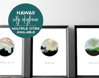 Hawaii City Skyline Art Print: Honolulu, Kauai, Kona, Maui, Oahu