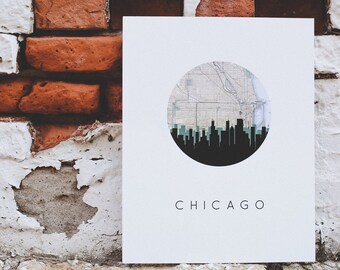 Chicago art print, Chicago skyline art, Chicago map, map wall art, living room decor, map print, urban wall art, Chicago Illinois wall art