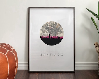Santiago Chile Map Art Print: Vintage Skyline Travel Illustration