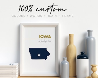 Personalized Iowa state wall art, the Hawkeye state print, Des Moines art, Iowa decor, Iowa housewarming gift, Iowa gifts, custom state sign