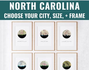 North Carolina city map art, North Carolina wall art, North Carolina decor, housewarming gifts, city skyline art, modern home decor