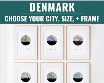 Denmark decor, Denmark art print, Copenhagen print, Aarhus poster, Roskilde poster, Denmark travel poster, framed city skyline, city map