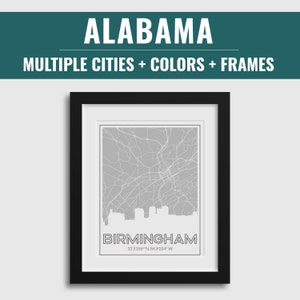 Alabama Stadtplan Kunst, gerahmter Alabama Kunstdruck, mehrere Alabama Städte Wandkunst, Stadt Skyline Kunstdruck, Alabama Stadtkarten, Alabama Dekor