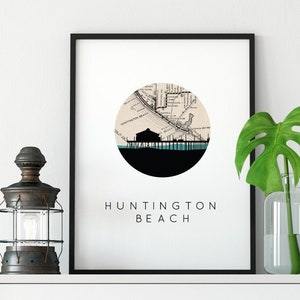 Décoration de Huntington Beach, art mural de Californie, art de carte du sud de la Californie, impression de Californie, art de carte du comté d'Orange, affiche de voyage