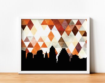 Austin Texas print, Austin skyline art, Austin print, burnt orange wall art, gifts for men, Texas wall art, Austin TX gifts, Austin poster