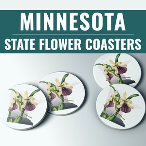Minnesota Ladyslipper coasters stone coasters with Minnesota state flower, Minnesota home decor, Minnesota bar decor image 1