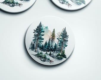 Stone Coaster With Snowy Forest Art, 4-Inch Sandstone Cork Backing