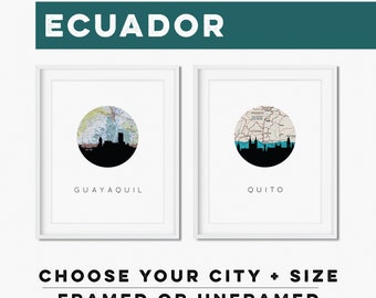 Ecuador art print, Quito Ecuador art, Guayaquil Ecuador decor, Ecuador gifts, framed Ecuador travel poster, Ecuador souvenir