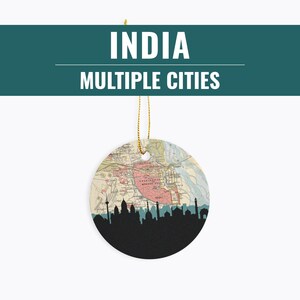 India Ornament, White Ceramic City Map with Skyline Design and Gold String