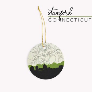 Stamford Connecticut Christmas ornament with the Stamford CT skyline and a Stamford Connecticut map. 100% ceramic and comes with a gold string. Available in other Connecticut cities. Designed by www.etsy.com/shop/paperfinchdesign