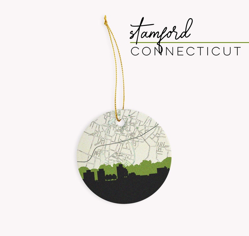 Stamford Connecticut Christmas ornament with the Stamford CT skyline and a Stamford Connecticut map. 100% ceramic and comes with a gold string. Available in other Connecticut cities. Designed by www.etsy.com/shop/paperfinchdesign
