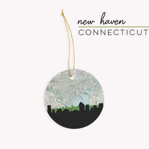 New Haven Connecticut Christmas ornament with the New Haven skyline and a New Haven Connecticut map. 100% ceramic and comes with a gold string. Available in other Connecticut cities. Designed by www.etsy.com/shop/paperfinchdesign