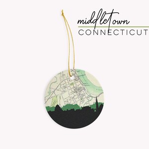 Middletown Connecticut Christmas ornament with the Middletown skyline and a Middletown Connecticut map. 100% ceramic and comes with a gold string. Available in other Connecticut cities. Designed by www.etsy.com/shop/paperfinchdesign