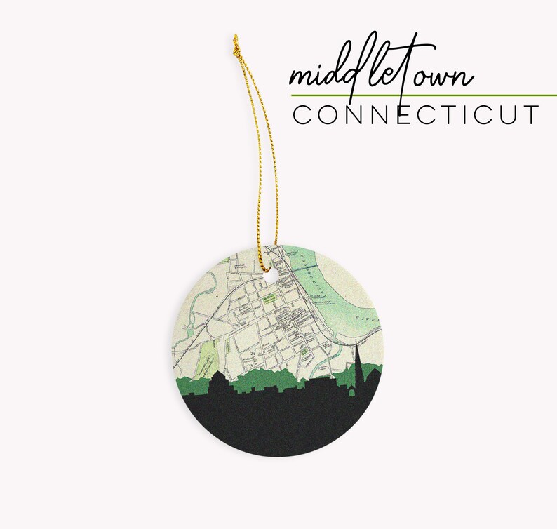 Middletown Connecticut Christmas ornament with the Middletown skyline and a Middletown Connecticut map. 100% ceramic and comes with a gold string. Available in other Connecticut cities. Designed by www.etsy.com/shop/paperfinchdesign