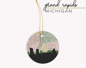 Grand Rapids skyline geschenken, Grand Rapids Michigan Kerst ornament, Grand Rapids ornament, Grand Rapids Michigan kaart cadeau, Michigan ornament