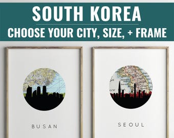 South Korea City Skyline Art Print, Framed Vintage Map