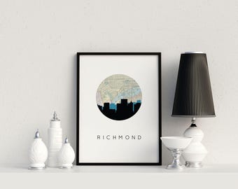 Kunstdruk skyline van Richmond, Virginia | Vintage poster met kaart en stad van Richmond | Woondecoraties en muurkunst