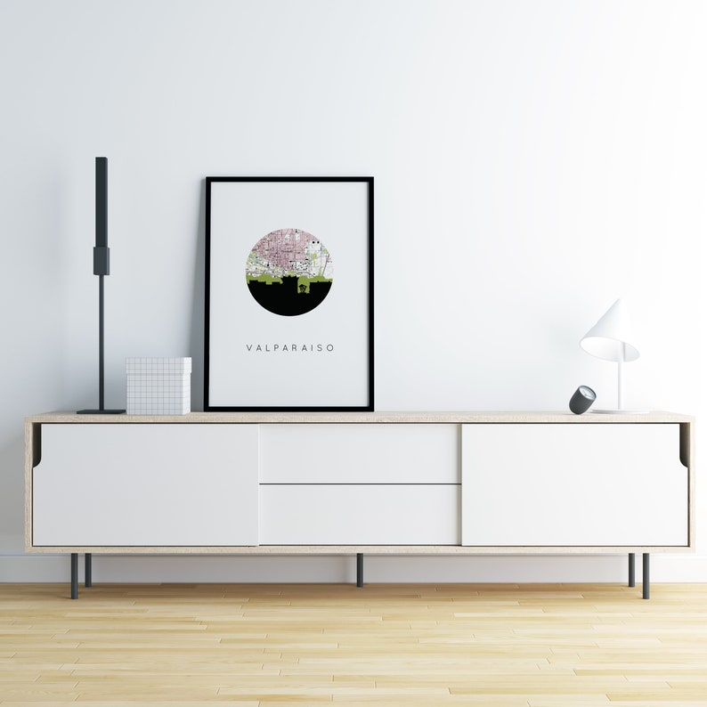 Valparaiso Indiana art print featuring the Valparaiso Indiana skyline and a Valparaiso Indiana city map. Available in several cities and frame options. Valparaiso Indiana shown in a black frame. Designed by www.etsy.com/shop/paperfinchdesign