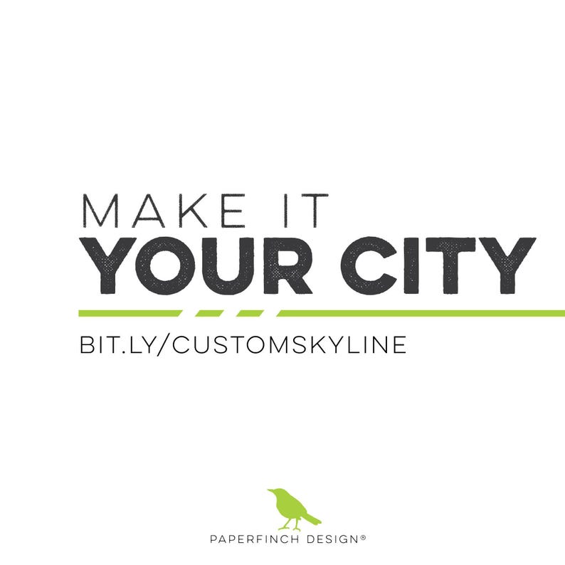 Text graphic reading MAKE IT YOUR CITY with a web link, featuring a green bird icon and Paperfinch Design logo at the bottom.