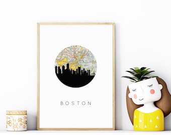 Póster con el mapa de la ciudad de Boston / Impresión artística del horizonte de Boston / Decoración de pared urbana y decoración del hogar / Arte de pared con el mapa de la ciudad para los amantes de Boston