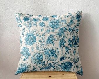 Blue Toile prairie florals throw pillow - rustic prairie home decor