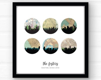 FRAMED city skyline art, city map prints, custom tell your story art print, | personalized skyline art, custom framed art