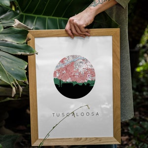 Impresión artística de Tuscaloosa, Alabama, arte de pared con el horizonte de Tuscaloosa, arte de Tuscaloosa, Alabama, arte del mapa de Alabama, impresión de Tuscaloosa, Alabama, arte universitario
