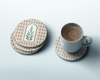 Stone Coaster with Window Plant Art, Sandstone Set Cork Backing