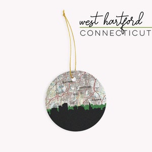 West Hartford Connecticut Christmas ornament with the West Hartford CT skyline and a West Hartford Connecticut map. 100% ceramic and comes with a gold string. Available in other Connecticut cities. Designed by www.etsy.com/shop/paperfinchdesign