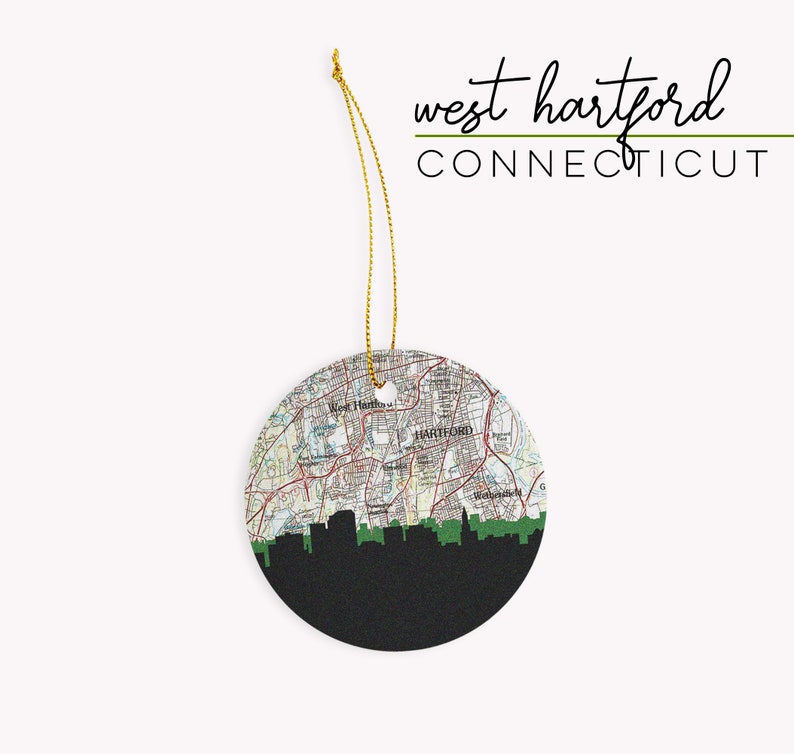 West Hartford Connecticut Christmas ornament with the West Hartford CT skyline and a West Hartford Connecticut map. 100% ceramic and comes with a gold string. Available in other Connecticut cities. Designed by www.etsy.com/shop/paperfinchdesign