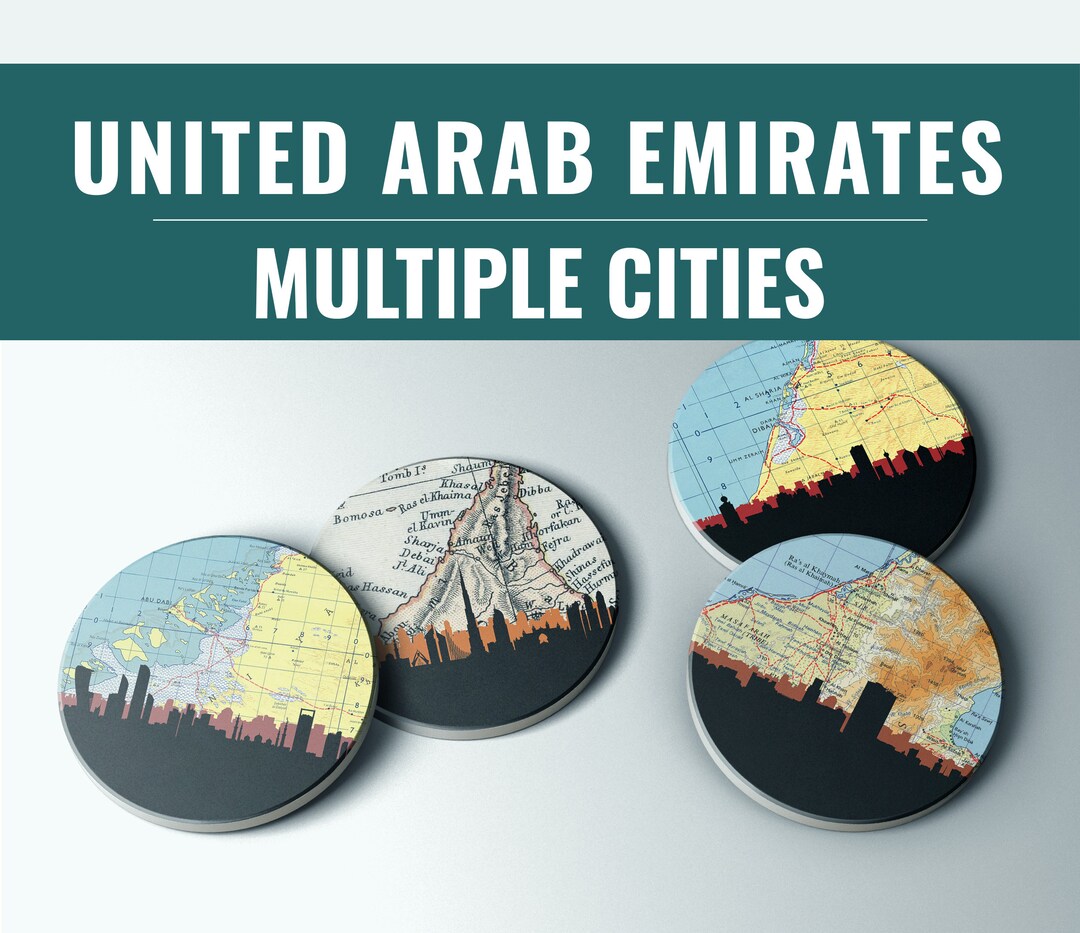 UAE Coasters Set United Arab Emirates Map Gifts for Drinks Middle Eastern City Drink Coasters Etsy
