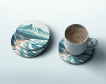 Stone Coaster, 4-Inch Sandstone with Cork Backing, Pacific Northwest Mountain Art