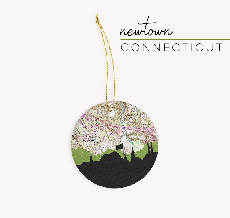 Newtown Connecticut Christmas ornament with the Newtown CT skyline and a Newtown Connecticut map. 100% ceramic and comes with a gold string. Available in other Connecticut cities. Designed by www.etsy.com/shop/paperfinchdesign