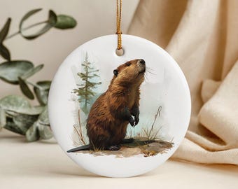 Ceramic Ornament, 3-Inch Beaver Wildlife Art with Gold Hanging String