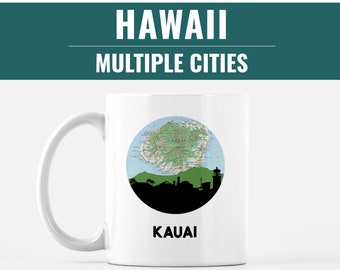 Hawaii coffee mug, Kona coffee mug, Honolulu Hawaii gifts, coffee mug with Hawaiian city, Kauai map gifts, Oahu gifts, Maui gifts