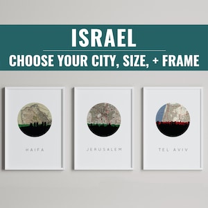 Impresión artística del horizonte de la ciudad de Israel: mapa antiguo: Jerusalén, Tel Aviv, Haifa