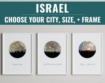 Israel City Skyline Kunstdruck - Vintage Landkarte, Jerusalem, Haifa